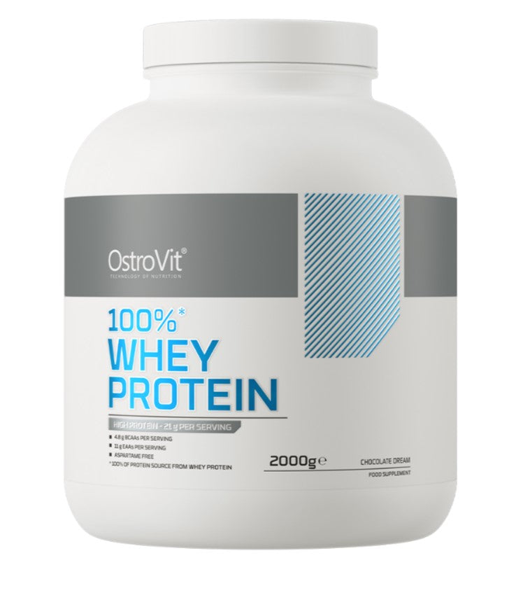 Pakke med OstroVit 100% Whey Protein valleproteinpulver i smagen Chocolate Dream, 2000 g