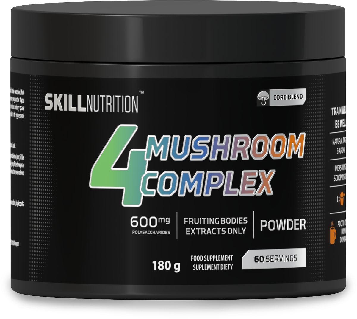 Dåse med Skill Nutrition 4 Mushroom Complex, svampepulver, 180 g