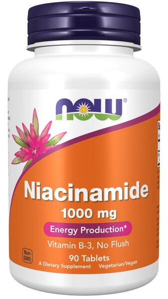 Beholder med NOW Foods B3 Niacinamid 1000 mg, 90 tabletter