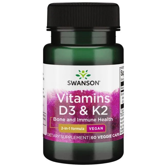 Swanson D3-vitamin 2000 IU og K2 75 mcg, pakke med 60 vegetabilske kapsler