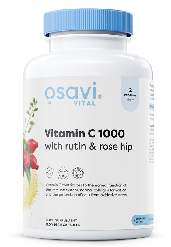 Dåse med Osavi C-vitamin 1000 med rutin og hyben, 120 veganske kapsler
