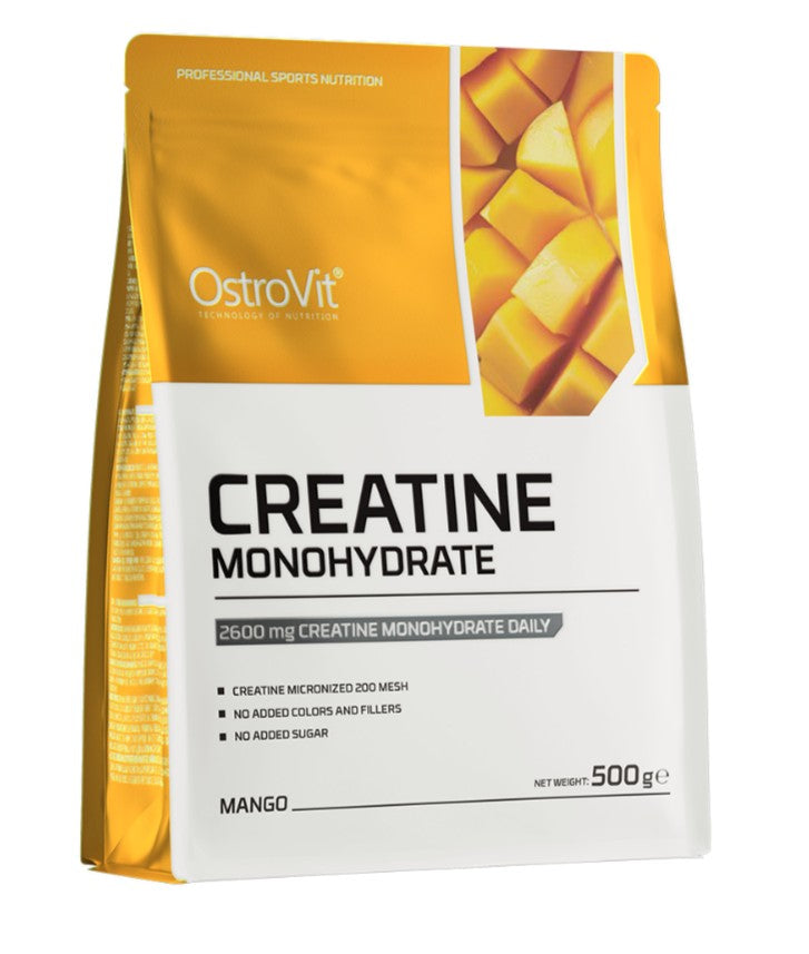 Dåse med OstroVit Kreatinmonohydrat i mangosmag, 500 g pulver