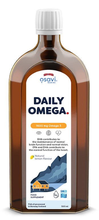 Flaske med Osavi Daily Omega flydende omega-3 fiskeolie med citronsmag, 500 ml