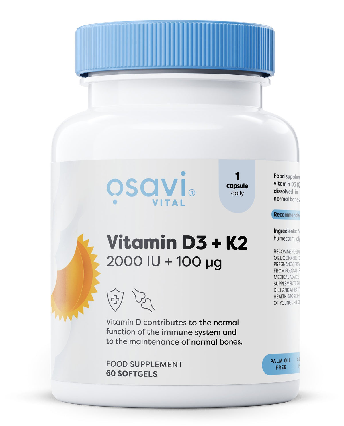 Glas med Osavi D3-vitamin + K2, 2000 IU + 100 mcg, 60 bløde kapsler