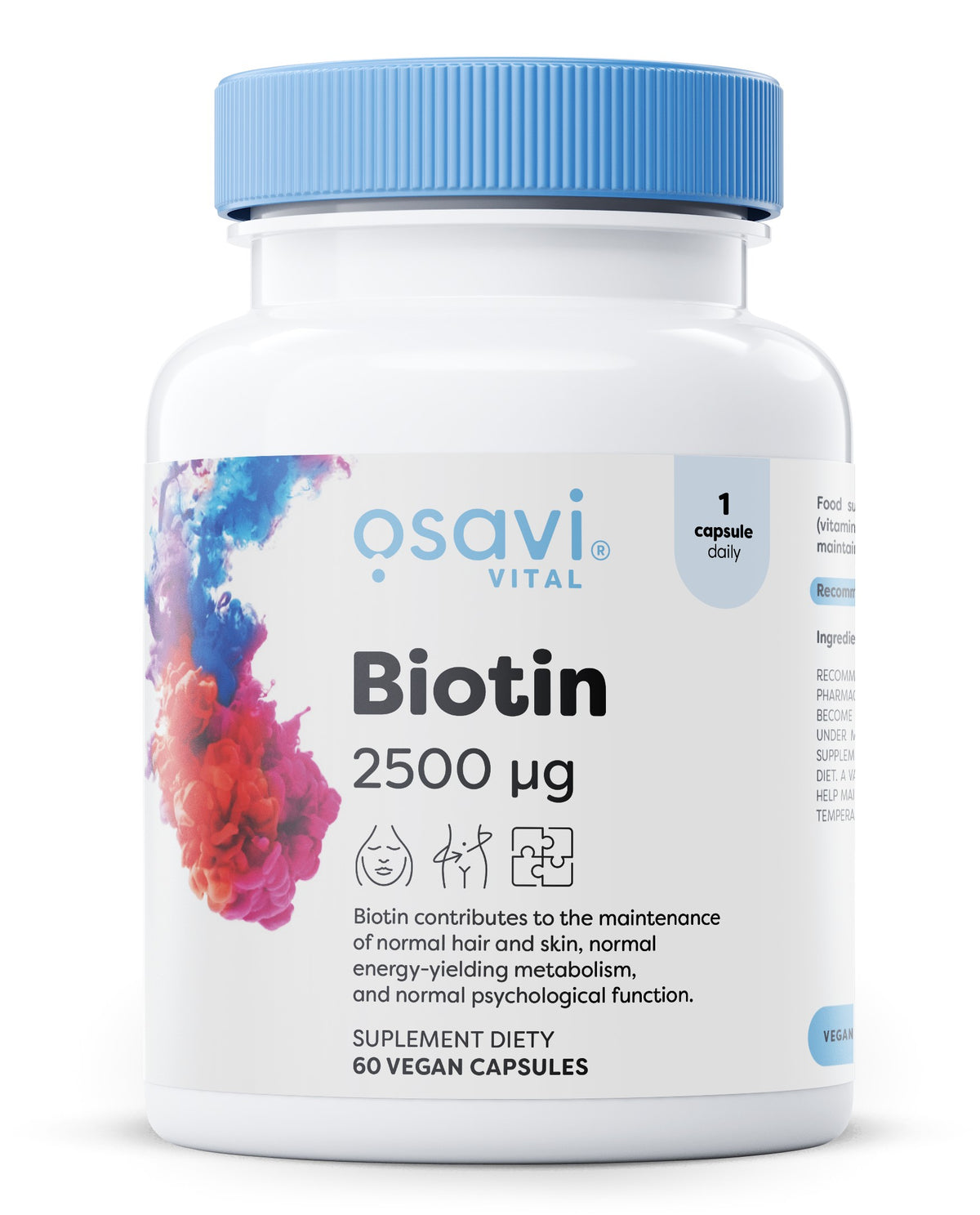 Beholder med Osavi Biotin 2500 mcg, 60 veganske kapsler