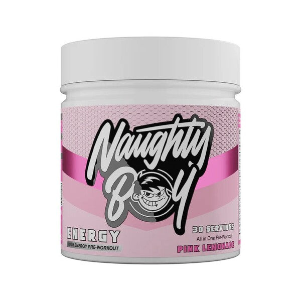 Beholder med Naughty Boy Energy pre-workout pulver, Pink Lemonade, 390 g