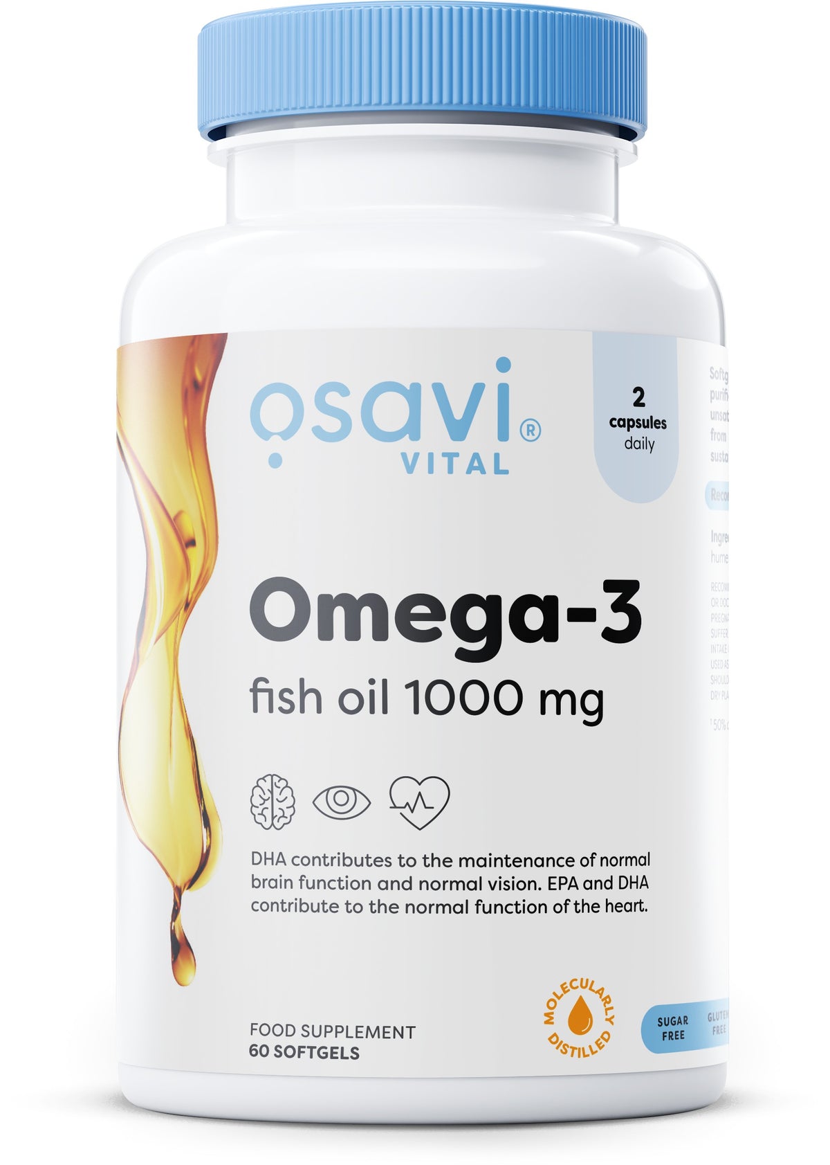 Dåse med Osavi molekylært destilleret omega-3-fiskeolie, 60 bløde kapsler