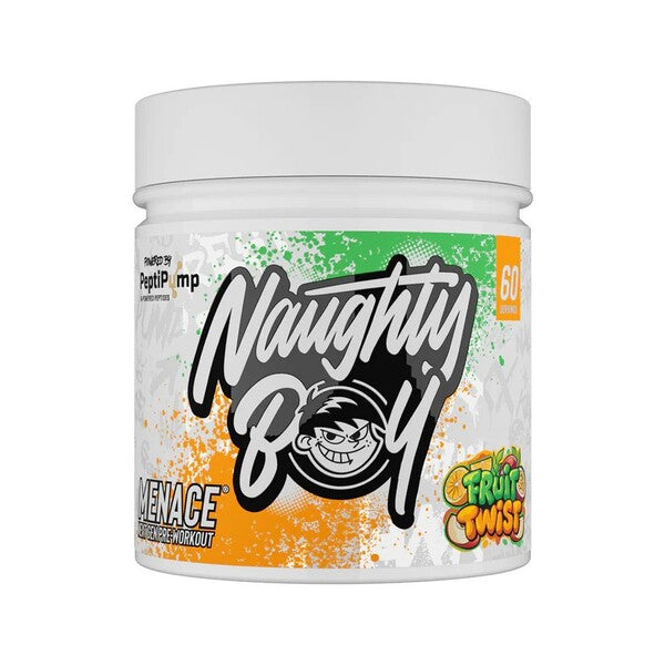 Beholder med Naughty Boy Menace V2 pre-workout i smagen Fruit Twist, 420 g