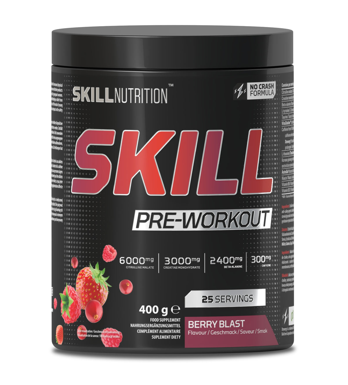 400 g dåse Skill Nutrition Pre-Workout pulver med smag af Berry Blast