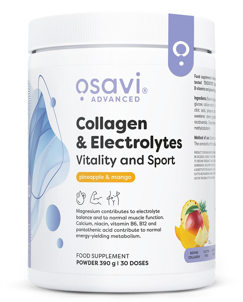 Pakning med Osavi kollagenpulver med elektrolytter, ananas og mango, 390 g
