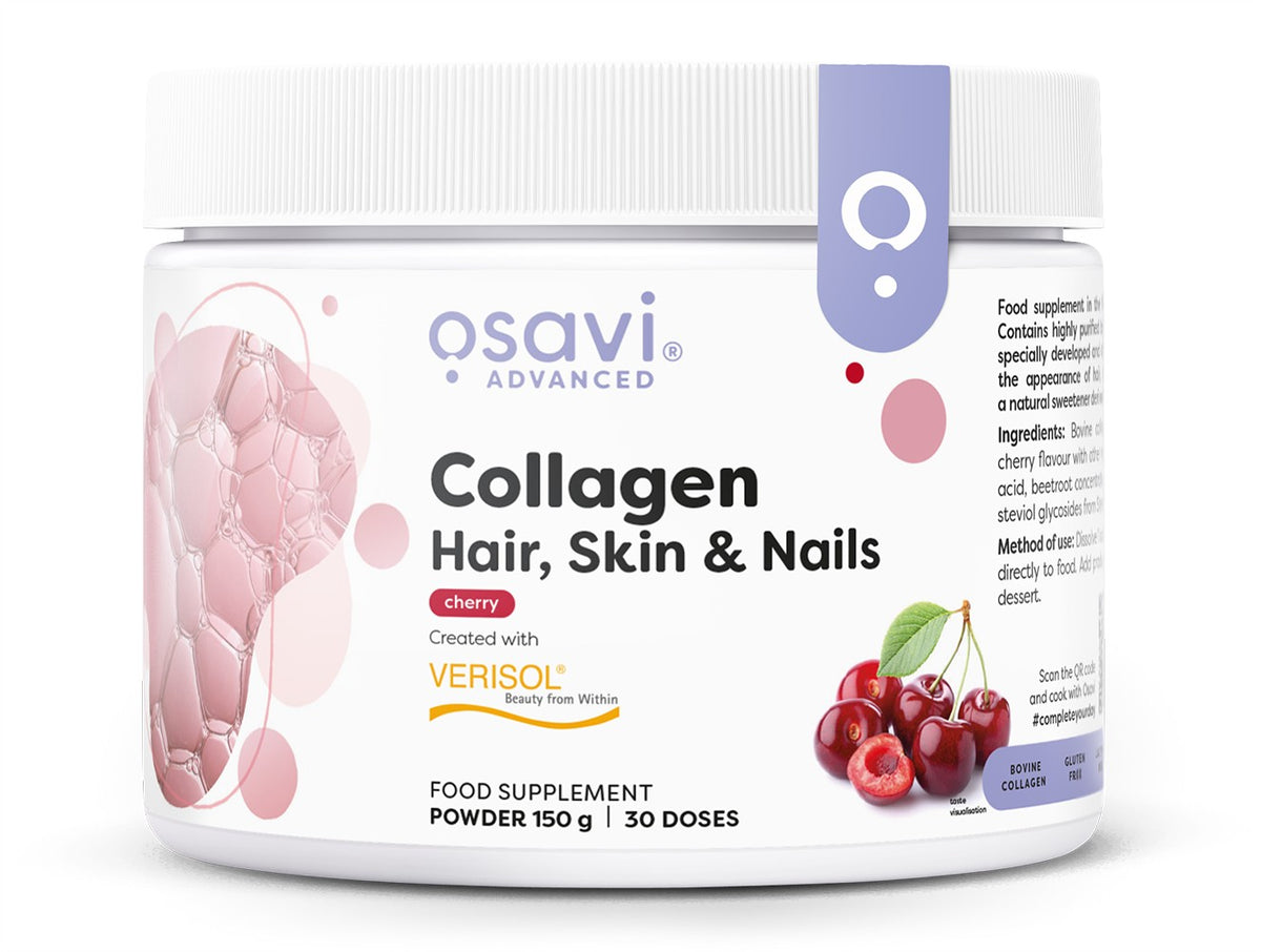 Pakning med Osavi Collagen Peptides kollagenpulver med kirsebærsmag, 150 g