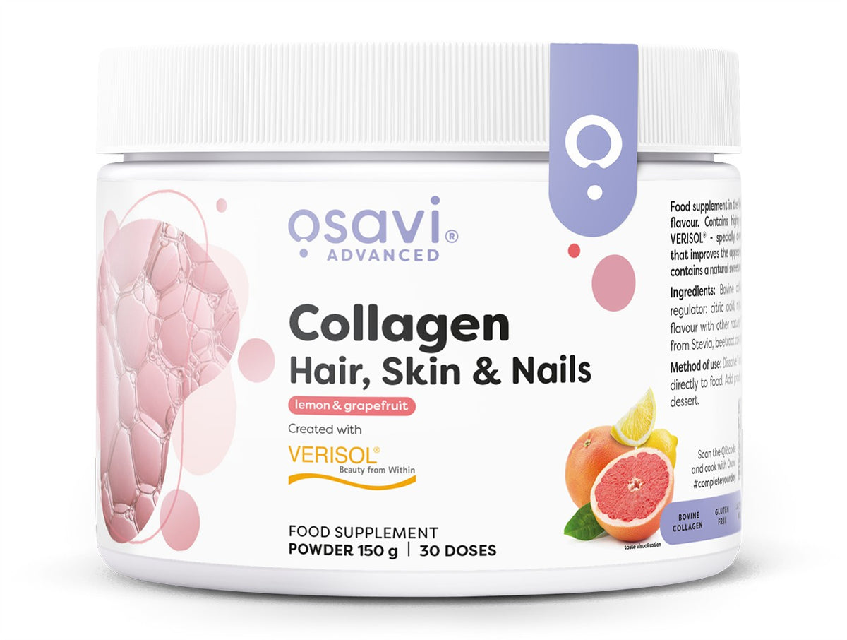Pose med Osavi Collagen Peptides kollagenpulver i citron og grapefrugt, 150 g