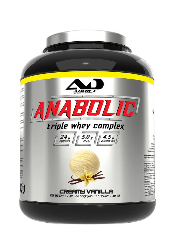 Pakning med Addict Sport Nutrition Anabolic Triple Whey Complex valleprotein, cremet vanilje, 2000 g