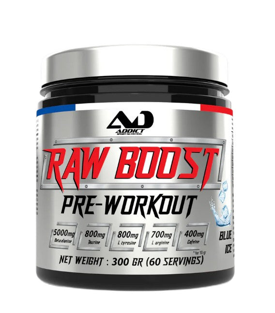 Beholder med Addict Sport Nutrition Raw Boost Pre-Workout, Blue Ice, 300 g
