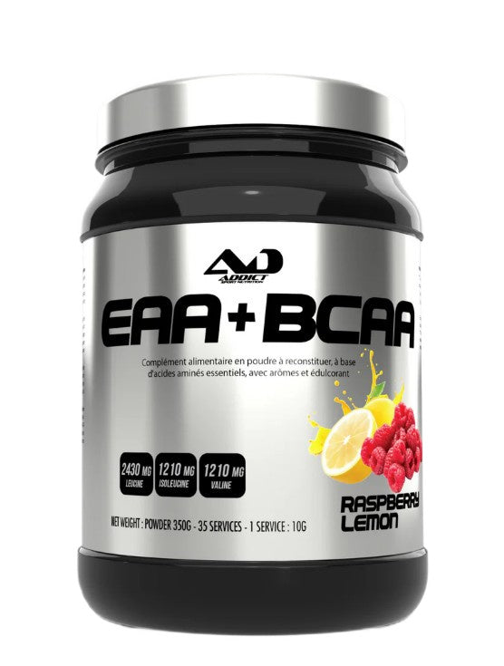Beholder med Addict Sport Nutrition EAA+BCAA pulver i smagen hindbær-citron, 350 g