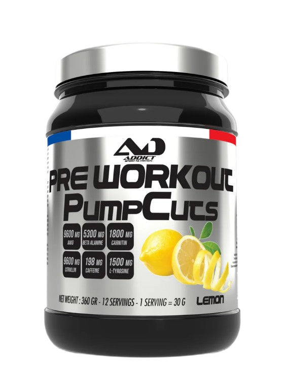 Bøtte med Addict Sport Nutrition Pre Workout Pump Cuts, citron, 360 g