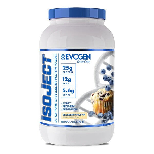 Beholder med Evogen IsoJect valleproteinisolat i smagen blåbærmuffin, 775 g