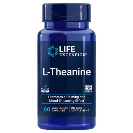 Beholder med Life Extension L-theanin, 100 mg, 60 vegetabilske kapsler