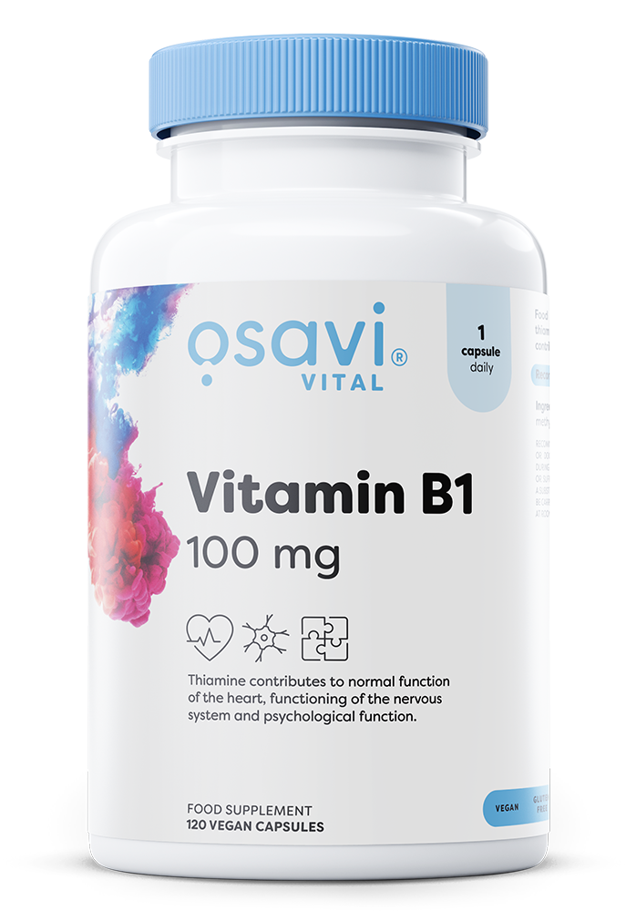 Beholder med Osavi Vitamin B1 100 mg, 120 veganske kapsler