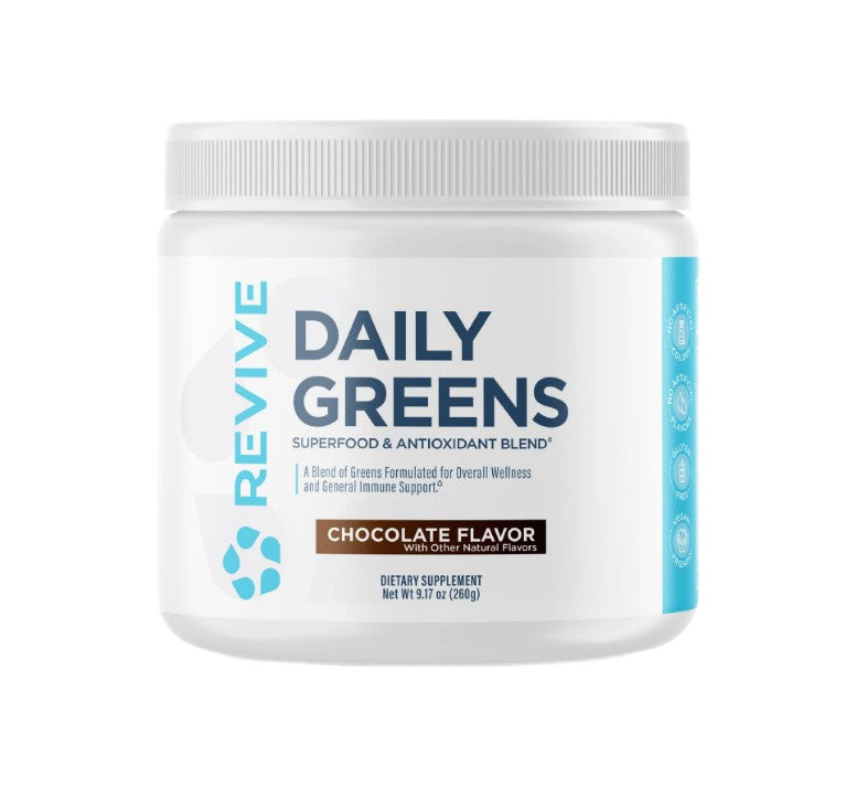 Dåse med Revive Daily Greens grøntpulver i smagen Chocolate, 260 g