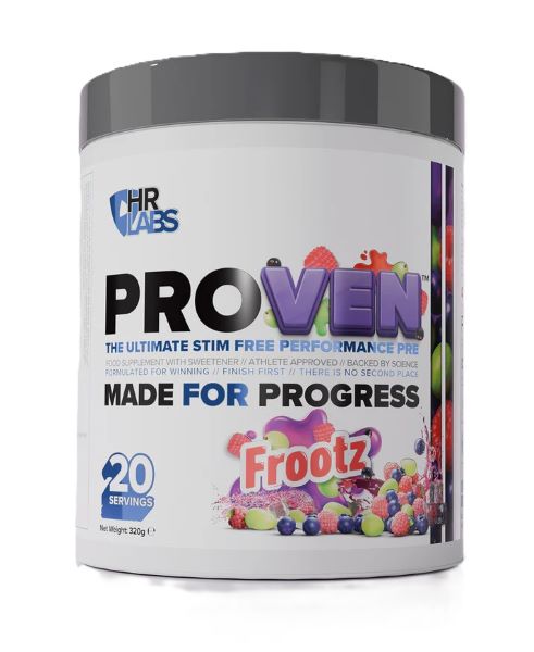 Dåse med HR Labs Proven stimulantfrit pre-workout pulver i smagen Frootz, 320 g