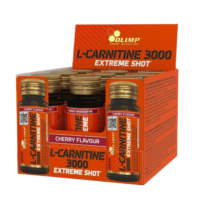 Æske med Olimp L-Carnitine 3000 Extreme Shot, kirsebær, 9 ampuller à 25 ml