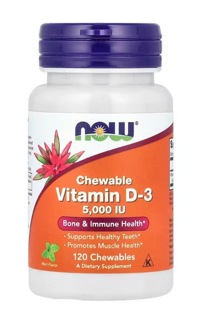 Pakke med NOW Foods D-3-vitamin 5000 IE, 120 tyggetabletter