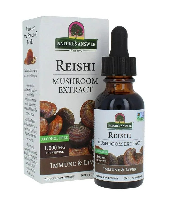 Flaske med Nature's Answer Reishi-svampeekstrakt, flydende, 1000 mg, 30 ml