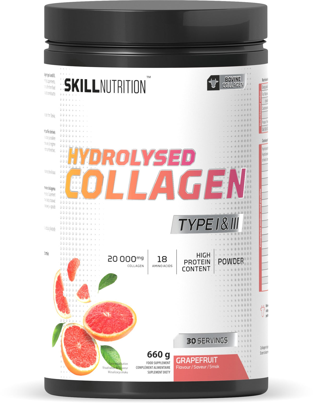 Skill Nutrition hydrolyseret kollagenpulver type I og III med grapefrugtsmag, 660 g