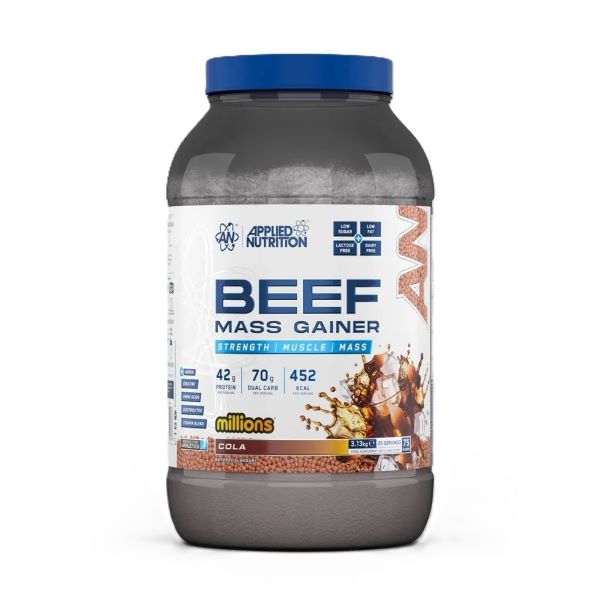 Stor pakning Applied Nutrition Beef Mass Gainer med smagen Millions Cola, 3130 g
