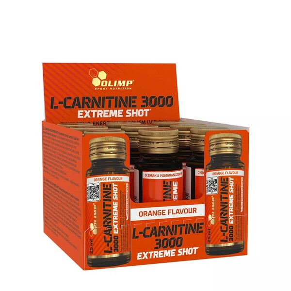 Pakke med Olimp L-Carnitine 3000 Extreme Shot i orangesmag, 9 x 25 ml