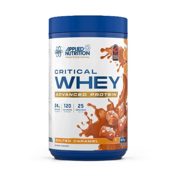 Pakke med Applied Nutrition Critical Whey valleproteinpulver i smagen Salted Caramel, 825 g