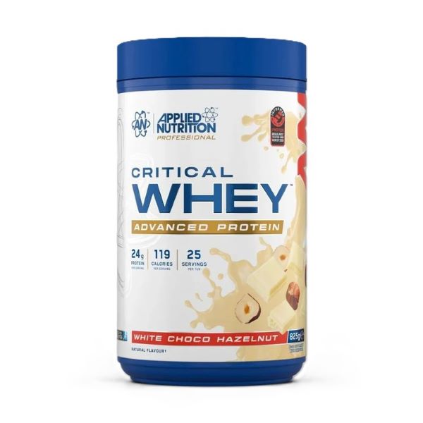 Pakning med Applied Nutrition Critical Whey proteinpulver, White Choco Hazelnut, 825 g