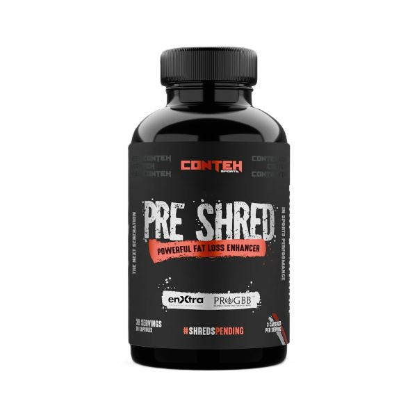 Beholder med Conteh Sports Pre Shred, 90 kapsler, præ-workout med koffein