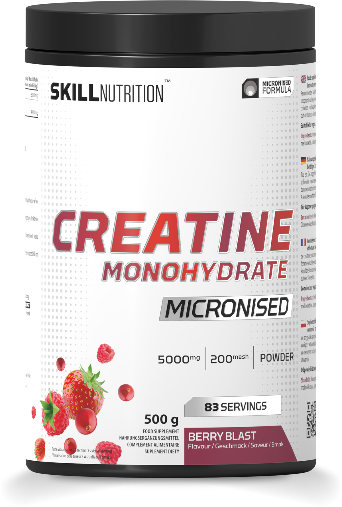 Dåse med Skill Nutrition kreatinmonohydrat i smagen Berry Blast, 500 g
