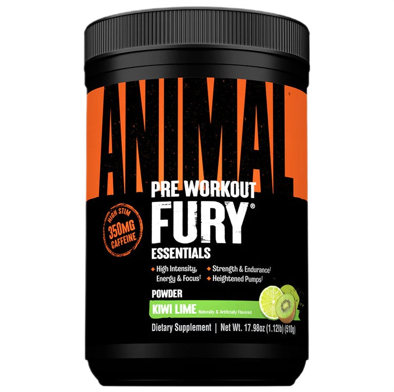 Beholder med Animal Fury pre-workout pulver i smagen Kiwi Lime, 510 g