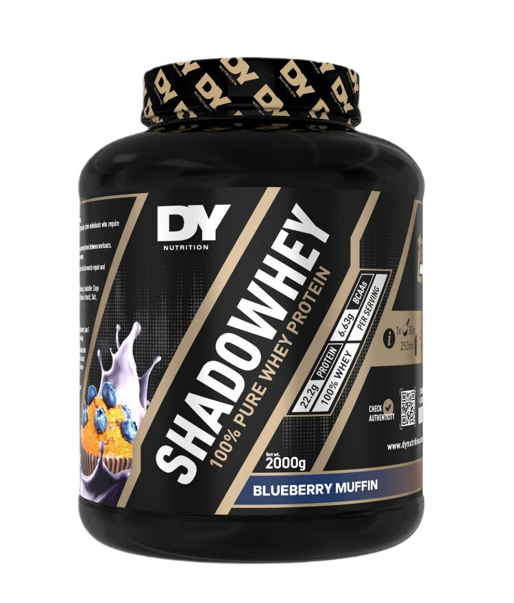 Pakning med Dorian Yates ShadoWhey 100% Pure Whey Protein i smagen Blueberry Muffin, 2000 g