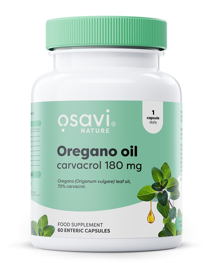 Pakke med Osavi oreganoolie med carvacrol 180 mg, 60 mavesyrebestandige kapsler