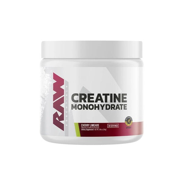 Beholder med Raw Nutrition Creatine Monohydrate pulver i smagen Cherry Limeade, 201 g