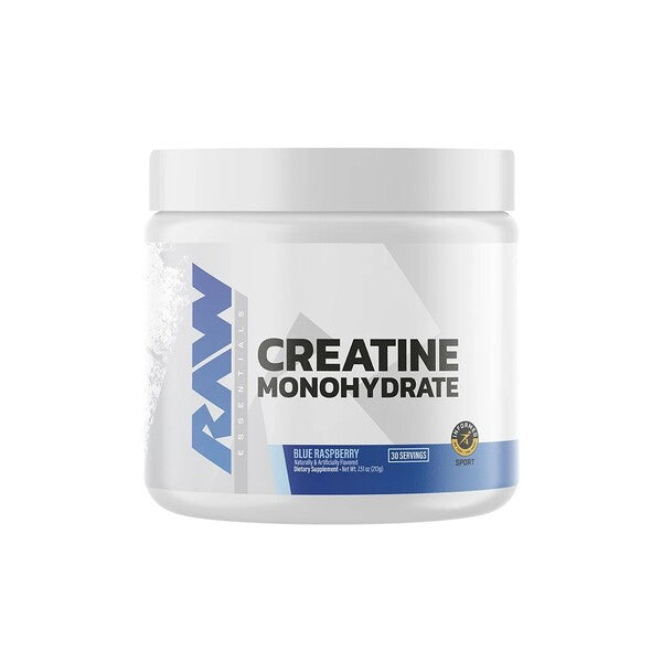 Beholder med Raw Nutrition Creatine Monohydrate pulver i smagen Blue Raspberry, 213 g