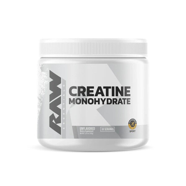 Beholder med Raw Nutrition Creatine Monohydrate pulver uden smag, 150 g