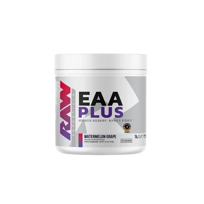 Beholder med Raw Nutrition EAA Plus pulver i smagen Watermelon Grape, 399 g