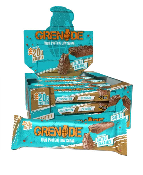 Æske med Grenade Protein Bars i smagen Chocolate Chip Salted Caramel, 12 x 60 g