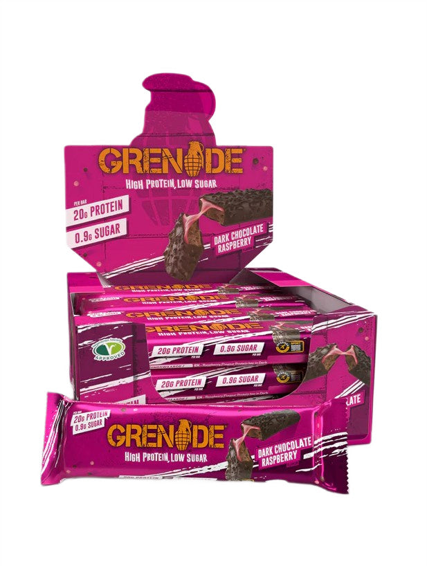 Kasse med Grenade Protein Bars i smagen Dark Chocolate Raspberry, 12 stk. á 60 g