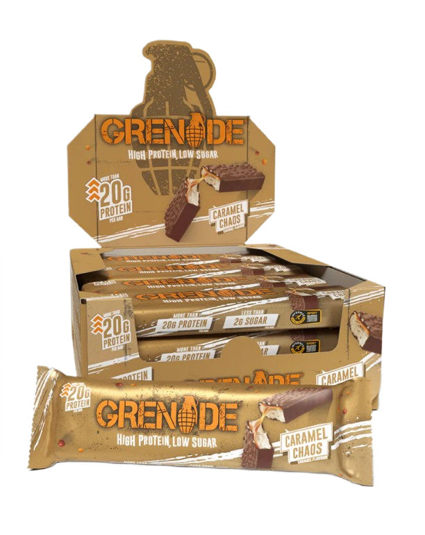 Æske med Grenade Protein Bars i smagen Caramel Chaos, 12 barer à 60 g