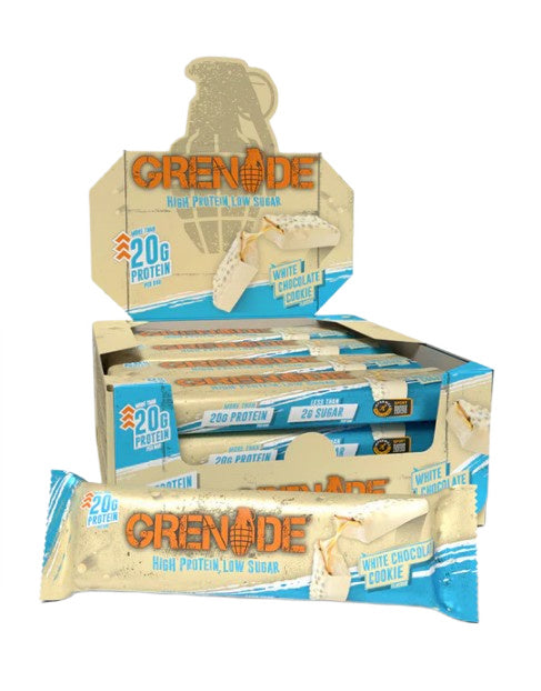 Kasse med 12 Grenade proteinbarer i smagen White Chocolate Cookie, 60 g pr. bar