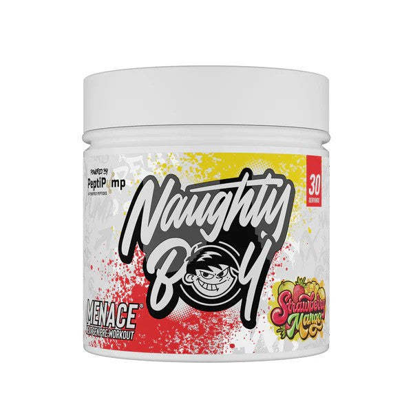 Pakning med Naughty Boy Menace V2 præ-workout pulver, smag jordbær-mango, 210 g
