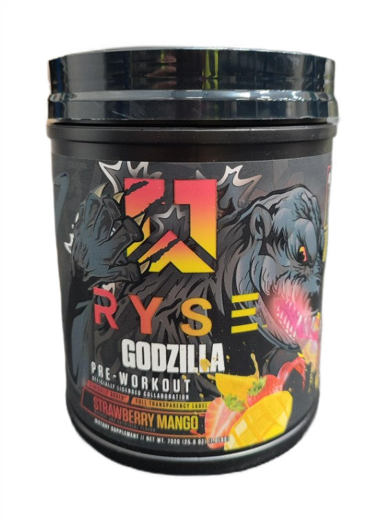 Dåse med RYSE Godzilla Pre-Workout pulver, smag af Strawberry Mango, 730 g