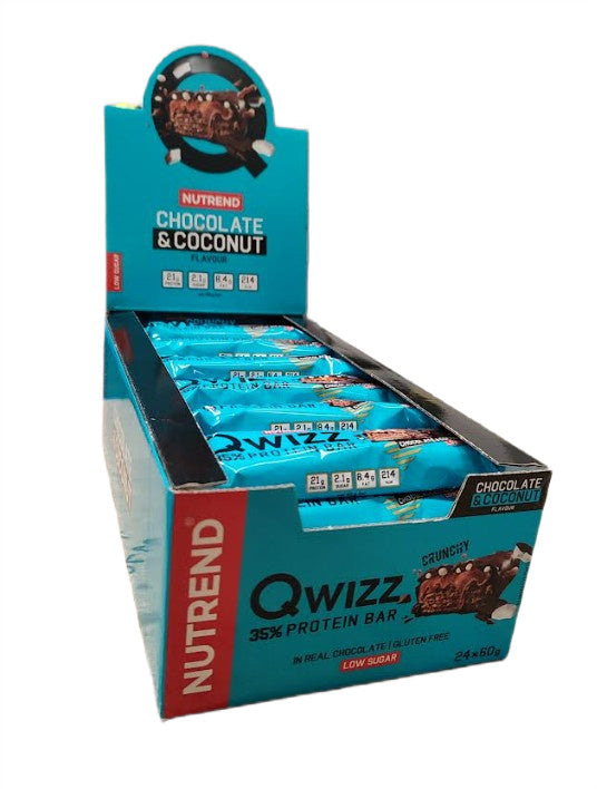 Kasse med Nutrend Qwizz 35% Protein bar i smagen Chocolate & Coconut, 24 x 60 g