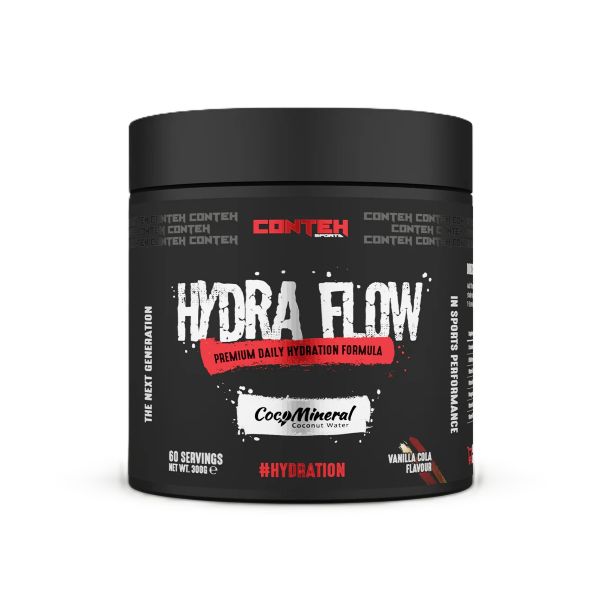 Beholder med Conteh Sports Hydra Flow elektrolytpulver, smag Vanilla Cola, 300 g